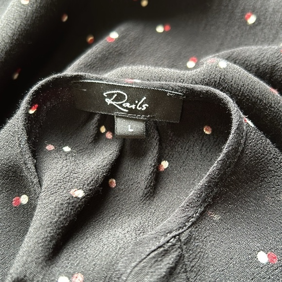 RAILS Top Beaux Black Off Set Dot Button Front Blouse Long Sleeve Ruffle Sz L - Picture 10 of 14